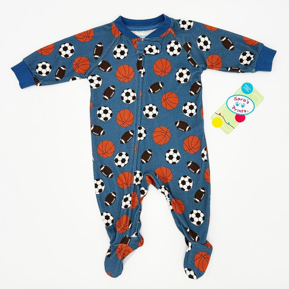NWT Sara’s Prints Baby Boys Sports Footed Pajamas Size 6M